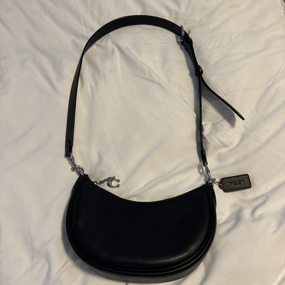 Coach Black Leather Shoulder Bag with Silver Accents